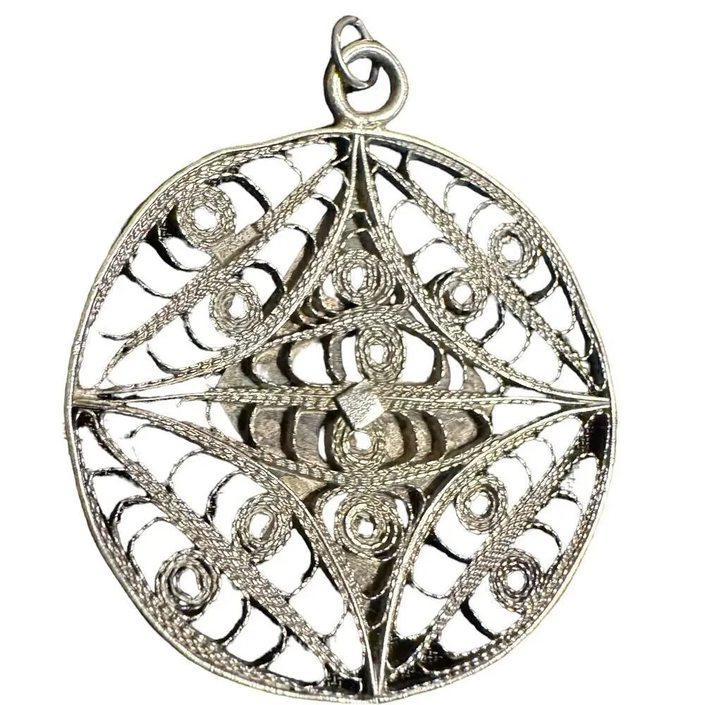 Unisex WWII Vintage Silver Filigree black Niello Pendant.